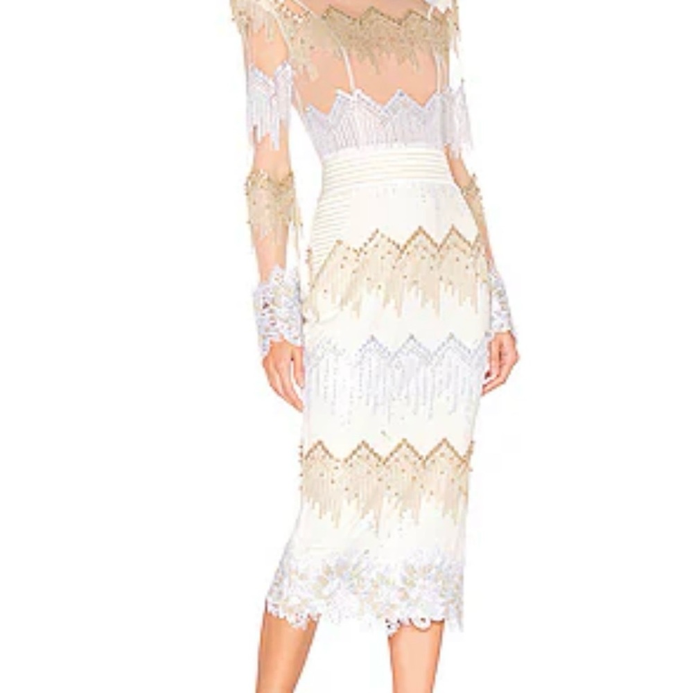 Zhivago White and Tan Sheath Dress with Bishop Sleeves